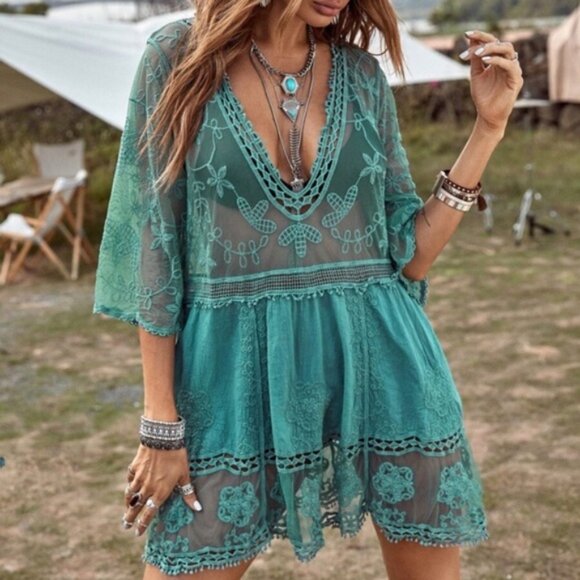040 Bohemian Floral Embroidered Beach Cover up - Picture 1 of 5